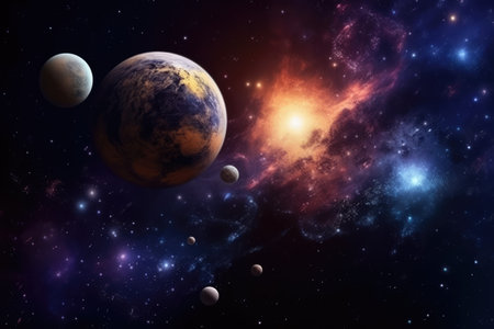 Solar system with planets and stars on night sky, created using generative ai technologyの素材