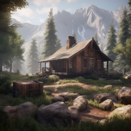 Wooden cabin in mountain landscape, created using generative ai technologyの素材