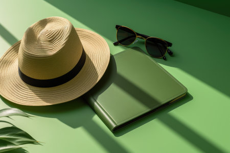 High angle view of sunhat, sunglasses and book with copy space on green backgroundの素材