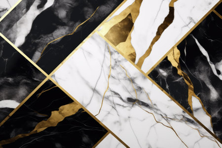 Close up of black, gold, white marble with veins background, created using generative ai technologyの素材