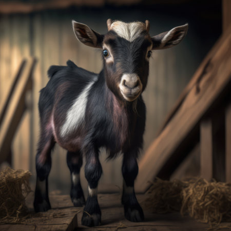Close up of cute pygmy goat in barn, created using generative ai technologyの素材