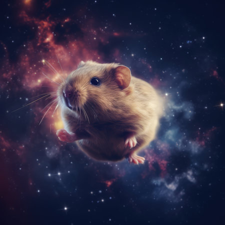 Close up of mouse in space with stars in sky, created using generative ai technologyの素材