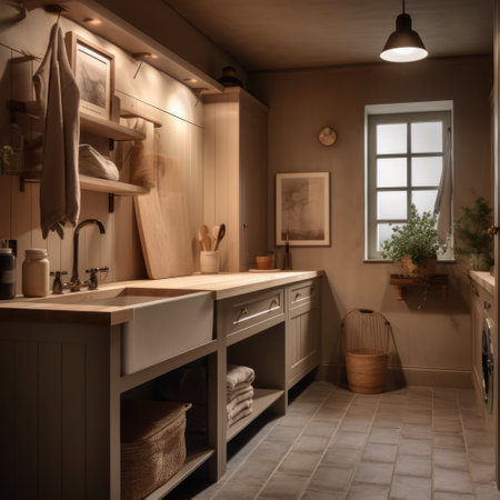 General view of utility room with wooden furniture, created using generative ai technologyの素材