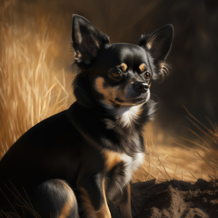 Close up of cute black chihuahua dog in field, created using generative ai technologyの素材