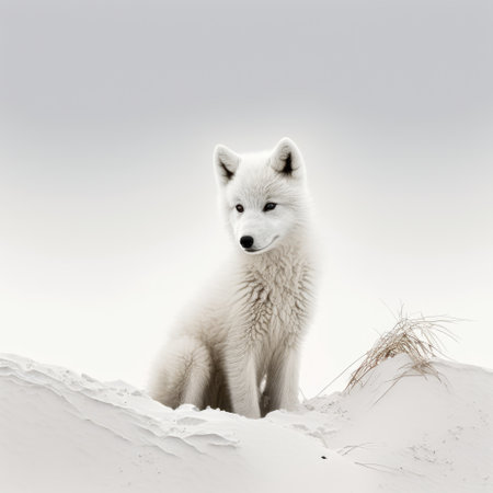 Close up of cute white fox in snow, created using generative ai technologyの素材