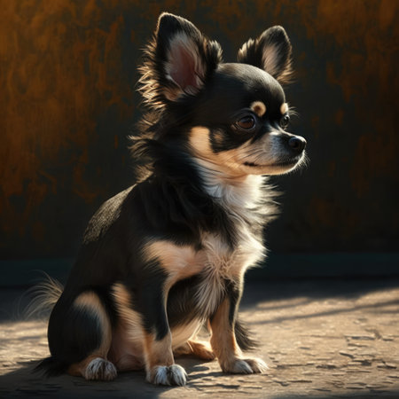 Close up of cute chihuahua dog on dark background, created using generative ai technologyの素材