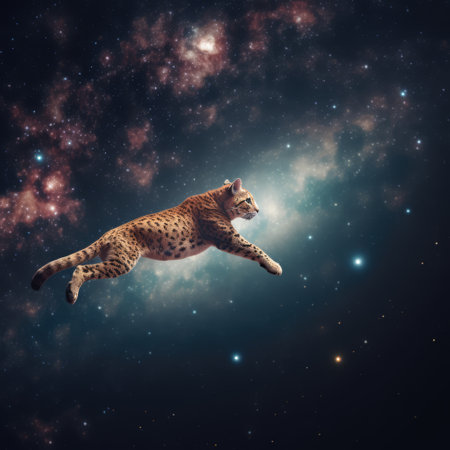 Close up of cheetah in space with stars in sky, created using generative ai technologyの素材