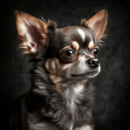 Close up of cute chihuahua dog on black background, created using generative ai technologyの素材