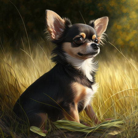 Close up of cute black chihuahua dog in field, created using generative ai technologyの素材