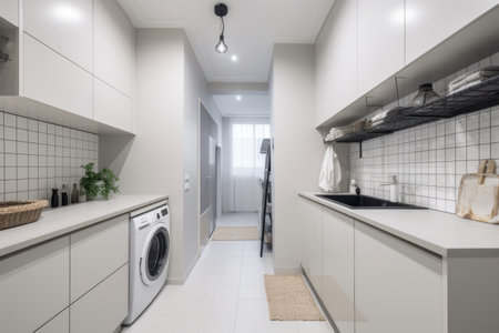 General view of modern utility room with white furniture, created using generative ai technologyの素材
