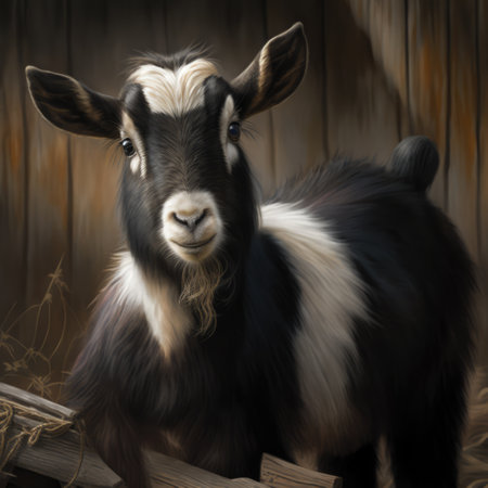Close up of cute pygmy goat in barn, created using generative ai technologyの素材