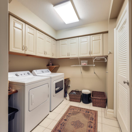 General view of utility room with wooden furniture, created using generative ai technologyの素材