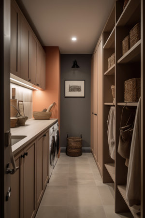 General view of utility room with wooden furniture, created using generative ai technologyの素材