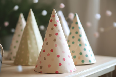 Close up of party hats on wooden surface, created using generative ai technologyの素材