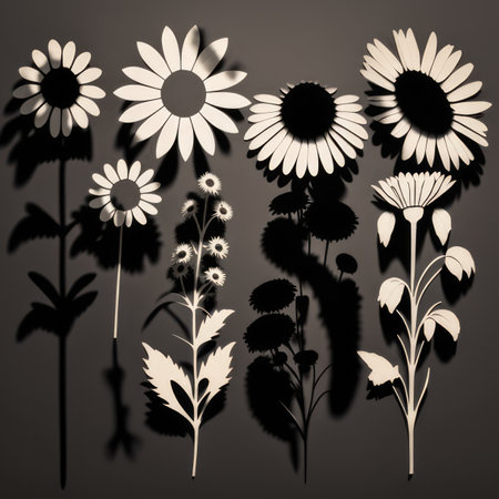Close up of flower silhouettes on black background, created using generative ai technologyの素材