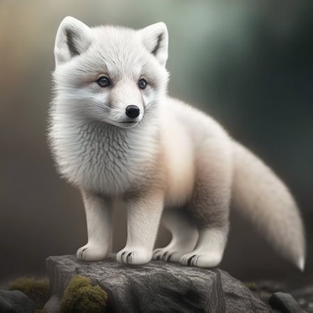 Close up of cute white fox on rock, created using generative ai technologyの素材