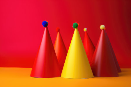 Close up of party hats over red background, created using generative ai technologyの素材