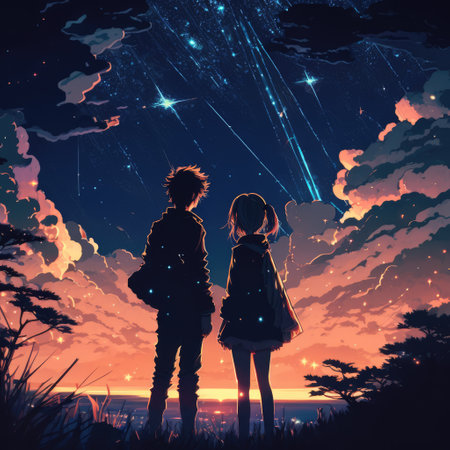Couple star gazing at night sky, created using generative ai technologyの素材