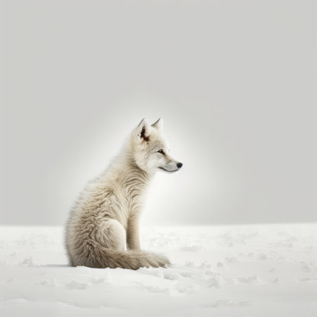 Close up of cute white fox in snow, created using generative ai technologyの素材