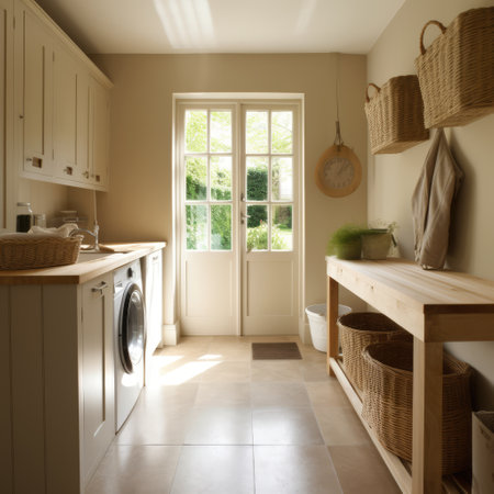 General view of utility room with wooden furniture, created using generative ai technologyの素材