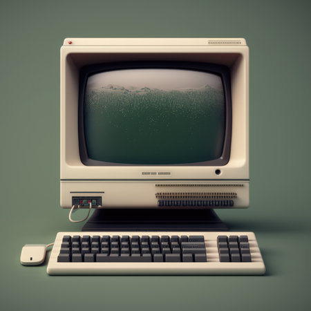 Old computer station with keyboard on grey background, created using generative ai technologyの素材