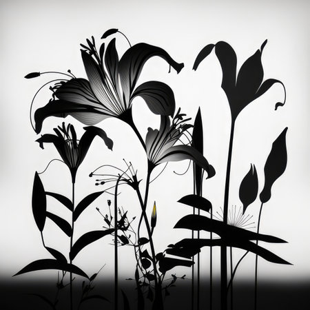 Close up of black flower silhouettes on white background, created using generative ai technologyの素材
