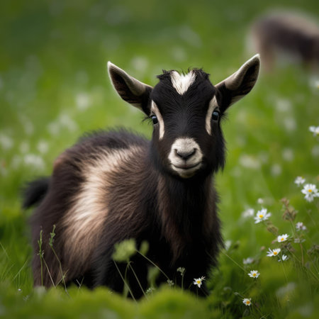 Close up of cute pygmy goat in field, created using generative ai technologyの素材