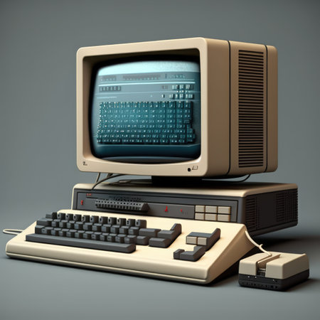 Old computer station with keyboard on grey background, created using generative ai technologyの素材