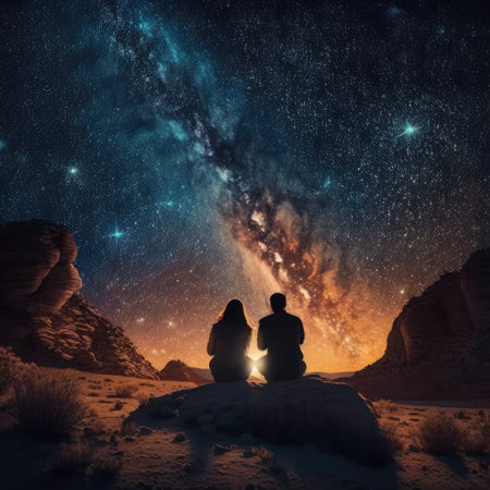 Couple in mountains star gazing at night sky, created using generative ai technologyの素材