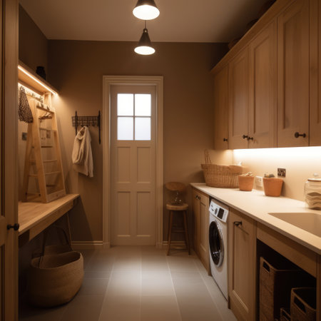 General view of utility room with wooden furniture, created using generative ai technologyの素材