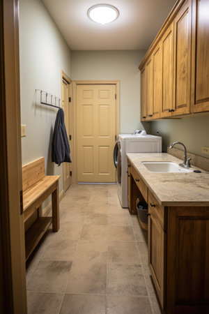 General view of utility room with wooden furniture, created using generative ai technologyの素材