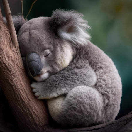 Close up of sleeping koala bear sleeping on tree, created using generative ai technologyの素材