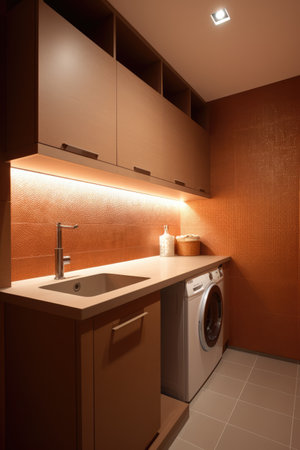 General view of utility room with wooden furniture, created using generative ai technologyの素材