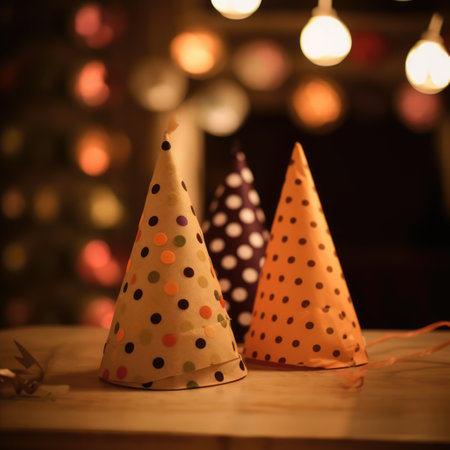 Close up of party hats on wooden surface, created using generative ai technologyの素材