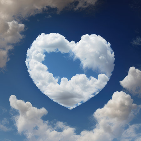Heart shaped clouds in blue sky, created using generative ai technologyの素材