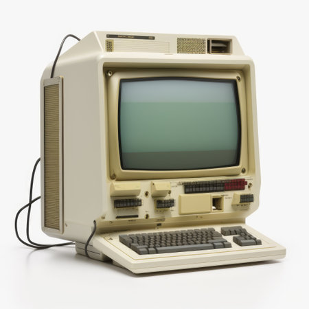 Old computer station with keyboard on white background, created using generative ai technologyの素材