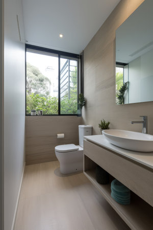 Modern bathroom with window and light tiling, created using generative ai technologyの素材