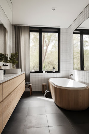 Modern bathroom with window and white tiling, created using generative ai technologyの素材