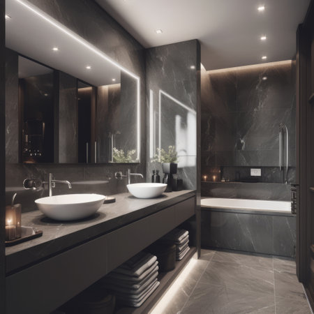Modern luxury bathroom in dark grey marble with led lighting, created using generative ai technologyの素材