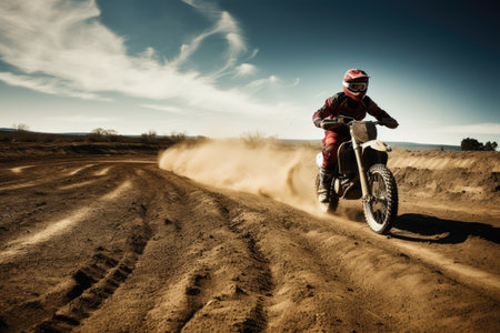 Man riding racing bike on dirt track, created using generative ai technologyの素材