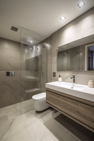Modern bathroom in pale grey marble with shower wet room, created using generative ai technologyの素材