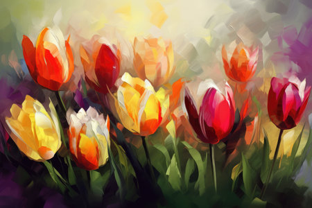 Close up of multi coloured tulips background, created using generative ai technologyの素材