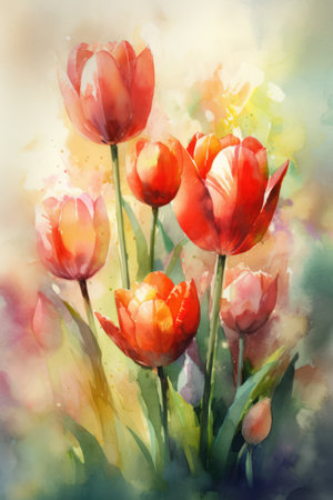 Close up of multi coloured tulips background, created using generative ai technologyの素材