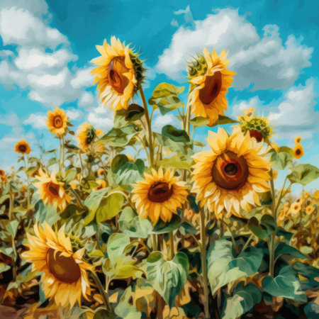 Close up of sunflowers background, created using generative ai technologyの素材