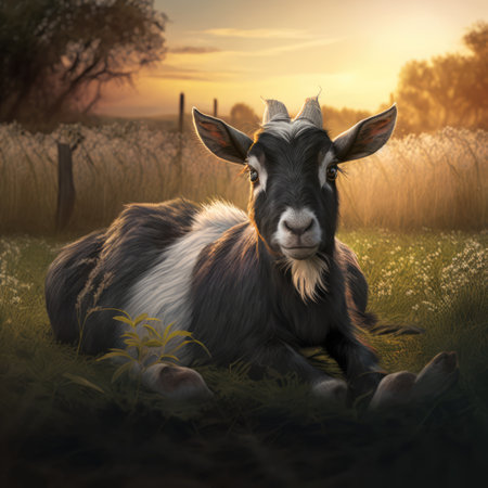 Close up of cute pygmy goat in field, created using generative ai technology. Animal, nature, beauty in nature and wildlife concept digitally generated image.の素材