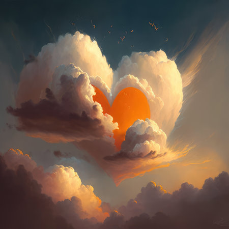 Heart shaped clouds in blue sky, created using generative ai technology. Heart, cloud, nature and love concept digitally generated image.の素材