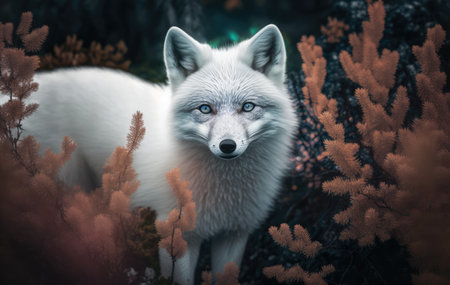 Close up of cute white fox in nature, created using generative ai technology. Wild animal, nature, beauty in nature and wildlife concept digitally generated image.の素材
