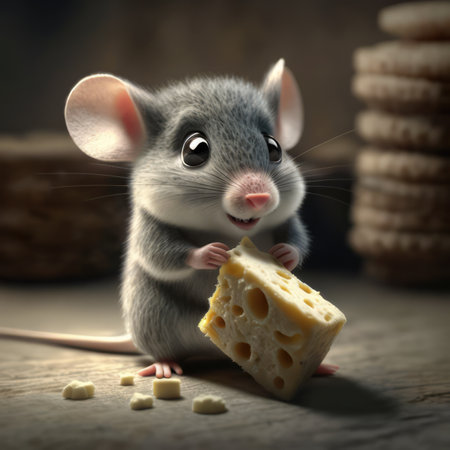 Close up of cute grey mouse with cheese on grey background, created using generative ai technology. Mouse and animal concept digitally generated image.の素材
