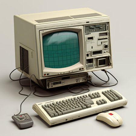 Old computer station with keyboard on grey background, created using generative ai technology. Retro computer and technology concept digitally generated image.の素材