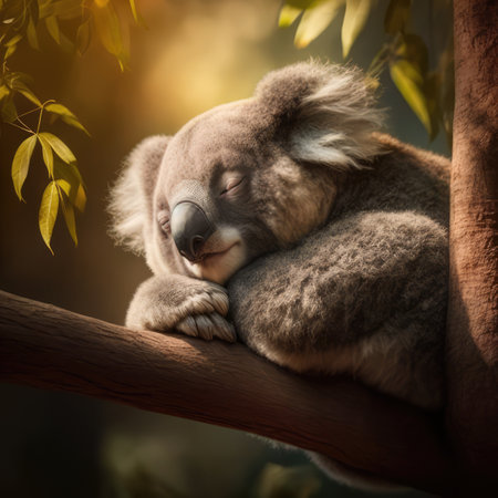 Close up of sleeping koala bear sleeping on tree, created using generative ai technology. Nature, beauty in nature and wildlife concept digitally generated image.の素材